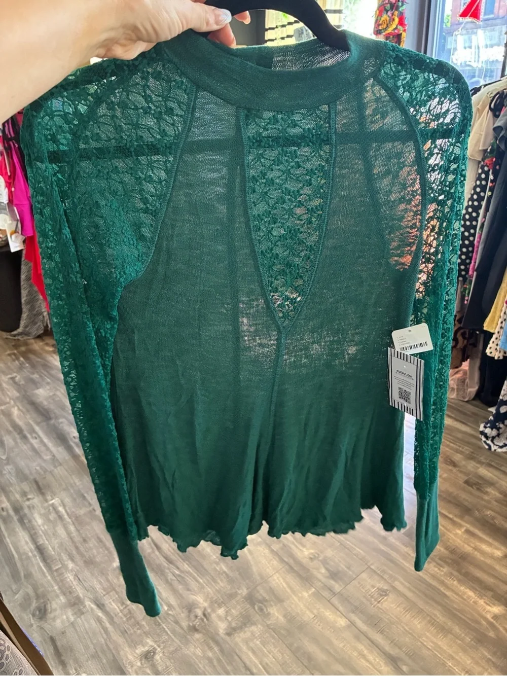 Free People Emerald Green Lace Detail Long Sleeve Top NWT